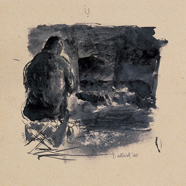 "Pittore sul lungarno" 1940 china aquarellata cm 12 X 12